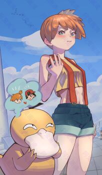 1boy 1girl :t aghost ash_ketchum bird blue_eyes blue_sky blush breasts closed_mouth cloud crop_top cropped_shirt day denim denim_shorts eating eyelashes gen_1_pokemon green_eyes green_shorts hand_up holding holding_poke_ball midriff misty_(pokemon) navel orange_hair outdoors poke_ball poke_ball_(basic) pokemon pokemon_(creature) ponytail pout psyduck shirt short_hair short_shorts shorts side_ponytail sky sleeveless sleeveless_shirt small_breasts speech_bubble spoken_character standing suspender_shorts suspenders tank_top thought_bubble tiles yellow_shirt yellow_tank_top