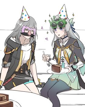 2girls absurdres black_bow black_gloves black_hairband black_jacket black_skirt black_thighhighs blue_eyes blue_hair blue_pupils blue_ribbon blush bow cake cake_slice closed_eyes closed_mouth collarbone commentary couch dress english_commentary fake_facial_hair fake_mustache feet_out_of_frame firefly_(honkai:_star_rail) food fork glasses gloves green_dress grey_hair hair_between_eyes hair_ornament hair_ribbon hairband hands_up hat heart highres holding holding_fork holding_plate honkai:_star_rail honkai_(series) jacket lapels leaf_hair_ornament long_hair long_sleeves looking_at_another looking_at_food miniskirt multicolored_eyes multiple_girls neckerchief on_couch open_clothes open_jacket open_mouth party party_hat pink-framed_eyewear plate polka_dot_headwear puffy_long_sleeves puffy_sleeves purple_eyes ribbon round_eyewear sailor_collar shirt simple_background sitting skirt smile sparkle stelle_(honkai:_star_rail) t-shirt table thigh_strap thighhighs trailblazer_(honkai:_star_rail) trap_(trap_2023) two-sided_fabric two-sided_jacket two-tone_dress wavy_hair white_background white_dress white_hat white_shirt yellow_jacket yellow_neckerchief