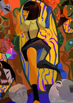 1boy 4girls collared_shirt commentary demon_ena diablada diablada_ena dual_persona ena_(ena) ena_(series) ena_(web_series) english_commentary grin happy_ena highres in-universe_location keeper_(ena) maze_(ena) merci_(ena) moony_(ena) multiple_girls portal_(object) scene_reference sharp_teeth shirt skirt smile suspender_skirt suspenders teeth ufo usagimarumei