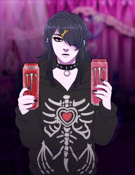 1girl absurdres ame-chan_(emo)_(needy_girl_overdose) ame-chan_(needy_girl_overdose) black_eyes black_hair black_hoodie can choker commentary cowboy_shot deadpan english_commentary eyeshadow hair_ornament hair_over_one_eye highres holding holding_can hood hood_down hoodie long_sidelocks looking_at_viewer makeup mole mole_under_eye monster_energy needy_girl_overdose o-ring o-ring_choker official_alternate_costume sidelocks skeleton_print tempusumbra x_hair_ornament