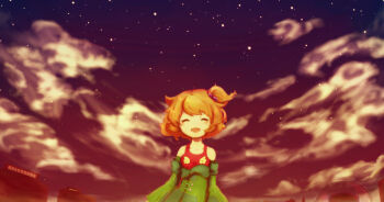 1girl aine_(hoshi_wo_miru_hito) closed_eyes cloud collarbone commentary_request detached_sleeves facing_viewer gradient_sky hair_bobbles hair_ornament hijikimon2mon hoshi_wo_miru_hito night one_side_up open_mouth outdoors red_tank_top short_hair sky solo star_(sky) tank_top