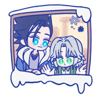 Rule 34 | 105zz, 2boys, :3, black hair, blue eyes, blue jacket, bow, bowtie, chibi, chibi only, final fantasy, final fantasy vii, final fantasy vii: ever crisis, green eyes, green jacket, grey bow, grey bowtie, grey hair, grey shirt, hair slicked back, hood, hood down, hooded jacket, jacket, looking outside, male focus, medium hair, multiple boys, parted bangs, sephiroth, sephiroth (ever crisis), shirt, short hair, slit pupils, snow, snowflakes, upper body, window, zack fair