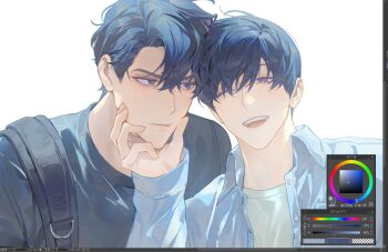 Rule 34 | 2boys, ;d, aegyo sal, art program in frame, bab du 666, bag, black eyes, black hair, black shirt, blue coat, coat, collared shirt, grin, hand on another's face, kim dokja, looking at another, looking at viewer, male focus, multiple boys, omniscient reader's viewpoint, one eye closed, open mouth, screencap, shirt, short hair, shoulder bag, smile, t-shirt, white shirt, yoo joonghyuk