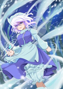 Rule 34 | 1girl, absurdres, apron, bare tree, bloomers, blue skirt, blue vest, commentary, cryokinesis, guminemi, hat, highres, lapel pin, letty whiterock, long sleeves, looking at viewer, open mouth, outdoors, pink eyes, pink hair, scarf, skirt, smile, solo, touhou, tree, underwear, vest, waist apron, white apron, white bloomers, white hat, white scarf