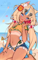 1girl alternate_costume ark_evil02 bangle beach bead_necklace beads bikini blonde_hair blue_eyes blue_hair blush bracelet brazilian_flag brazilian_flag_bikini brazilian_flag_print brazilian_miku brazilian_miku_(cosplay) breasts commentary cosplay crab cutoffs denim denim_shorts english_commentary exposed_pocket eyewear_on_head fingernails fins fish_girl fish_tail flag_print flag_print_bikini flower hair_flower hair_ornament hatsune_miku heart highres indie_virtual_youtuber jewelry kaniki_(sameko_saba) loli long_hair multicolored_hair nail_polish necklace print_bikini sameko_saba sand sandals shorts small_breasts solo stomach streaked_hair sunglasses swimsuit tail tan tanline virtual_youtuber vocaloid