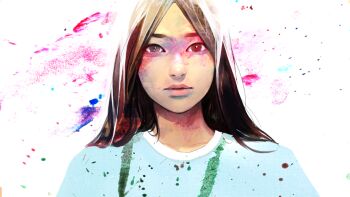 1girl aegyo_sal angela_he backlighting bright_pupils brown_eyes brown_hair constricted_pupils highres i_woke_up_next_to_you_again long_hair looking_at_viewer non-web_source official_art paint_splatter shirt solo straight-on t-shirt upper_body variant_set white_pupils white_shirt wide-eyed