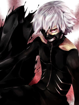 Rule 34 | 1boy, black mask, black pants, black shirt, collarbone, collarbone peek, commentary request, cowboy shot, eyepatch, highres, kaneki ken, long sleeves, looking at viewer, male focus, one eye covered, pants, red eyes, shirt, shishi (eai make), short hair, solo, teeth print, tokyo ghoul, white hair