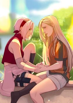 Rule 34 | 2girls, bike shorts, black boots, blonde hair, blue eyes, boots, commentary, earrings, english commentary, forehead protector, green eyes, hair down, hairband, hand grab, haruno sakura, highres, jewelry, kankuroplease, knee boots, long hair, multiple girls, naruto (series), naruto shippuuden, official alternate costume, orange shirt, pink hair, red hairband, red vest, shirt, short hair, short shorts, shorts, shorts under skirt, signature, sitting, stud earrings, vest, yamanaka ino