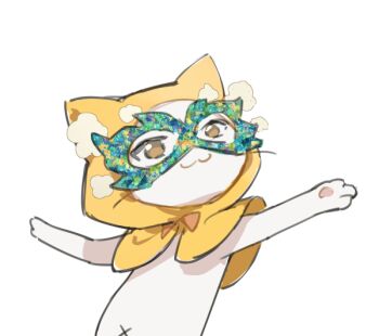 :3 animal_focus bow bowtie brown_eyes capelet cat_princess closed_mouth dancing ear_covers green_mask happy hood hood_up hooded_capelet infinity_nikki looking_ahead mask masquerade_mask momo_(nikki) navel nikki_(series) no_humans orange_bow orange_bowtie outstretched_arms pawpads pom_pom_(clothes) simple_background smile solo traditional_bowtie white_background yellow_capelet