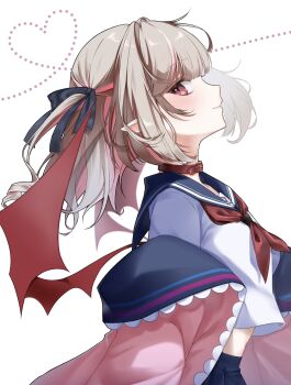 1girl arched_back belt_collar blue_ribbon blue_sailor_collar blue_skirt blunt_bangs blush cacao2bs closed_mouth collar colored_inner_hair commentary_request demon_wings drill_hair floating_hair from_side grey_hair hair_intakes hair_ribbon heart heart_background highres jacket light_smile long_hair looking_at_viewer makaino_ririmu makaino_ririmu_(4th_costume) midriff_peek multicolored_hair navel neckerchief nijisanji off_shoulder open_clothes open_jacket pink_hair pink_jacket pink_streaks pleated_skirt pointy_ears profile red_collar red_eyes red_neckerchief red_wings ribbon sailor_collar school_uniform serafuku shirt sidelocks simple_background skirt smile solo standing streaked_hair two-tone_hair two_side_up upper_body virtual_youtuber white_background white_shirt wings