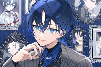 Rule 34 | 1girl, ^ ^, black choker, black jacket, black sweater, blue eyes, blue hair, blue hat, blue shirt, blush, chibi, choker, closed eyes, closed mouth, collared shirt, commentary request, dress shirt, gloves, grey jacket, grey shirt, hand up, hat, highres, hiodoshi ao, hiodoshi ao (1st costume), hololive, hololive dev is, jacket, long hair, looking at viewer, mole, mole under mouth, mugi (iccomae), peaked cap, picture frame, pinstripe jacket, pinstripe pattern, pinstripe shirt, profile, shirt, smile, solo, sweater, virtual youtuber, white gloves, white jacket