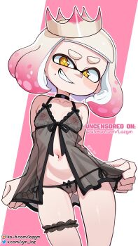 1girl absurdres babydoll blush breasts collarbone crown front_slit highres inkling laz_gm lingerie mole mole_under_mouth navel nintendo pearl_(splatoon) see-through_clothes short_hair small_breasts smile solo splatoon_(series) splatoon_2 tagme tentacle_hair thick_eyebrows thigh_strap underwear yellow_eyes