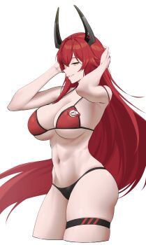 1girl absurdres armpits arms_up bare_shoulders bikini black_bikini breasts cleavage commentary cowboy_shot cropped_legs double-parted_bangs goddess_of_victory:_nikke grin groin hair_between_eyes hair_flaps hair_intakes highres horns large_breasts long_hair looking_at_viewer mechanical_horns mismatched_bikini navel orambe profile red_bikini red_hair red_hood_(nikke) sidelocks simple_background skindentation smile solo standing stomach swimsuit teeth thigh_strap toned toned_female very_long_hair white_background yellow_eyes