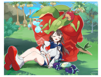 1girl alolan_exeggutor alolan_form apple belt blue_sky border breasts brown_hair commentary_request drooling eyelashes food fruit gen_7_pokemon glassy0302 grass highres hydrapple kuraishi_ringo_(glassy0302) large_breasts long_hair nintendo on_ground original outdoors pokemon pokemon_(creature) pokemon_scarlet_and_violet shoes shorts sky sleeping tail terapagos terapagos_(normal) white_border white_shoes white_shorts worm wyrm zzz