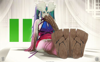 1girl artist_logo artist_name breasts bulge commentary dated english_commentary feet futanari green_hair highres logo monster_girl original plant_girl sideboob solo themaestronoob tree_bark twintails