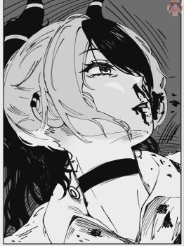 1girl blood blue_archive chainsaw_man choker collared_shirt commentary cosplay death english_commentary grenade_pin highres horns kayoko_(blue_archive) nosebleed reze_(chainsaw_man) reze_(chainsaw_man)_(cosplay) scene_reference shirt solo thanh_thanh