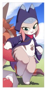 1girl aqua_eyes bestiality blue_cloak bottomless cloak furry furry_female gigantic_penis highres kekitopu monster_hunter_(series) open_mouth outdoors penis rathalos sex size_difference smile stomach_bulge teratophilia tsukino_(monster_hunter) vaginal zoophilia