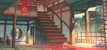 architecture banner bottle column commentary_request cup day east_asian_architecture gourd highres indoors nagi_itsuki no_humans original pillar pixiv_fantasia pixiv_fantasia_age_of_starlight rock sakazuki sake_bottle scenery stairs star_(symbol) tatami tree