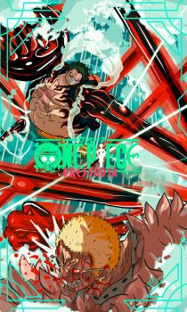 Rule 34 | 2boys, absurdres, black hair, blonde hair, blood, blood on face, clenched hand, clenched teeth, coat, cover, donquixote doflamingo, earrings, epic, fake cover, feather coat, fighting, firescorpio, gear fourth, gear fourth: boundman, haki (one piece), hat, highres, jewelry, jolly roger, logo, looking at another, manly, monkey d. luffy, multiple boys, muscular, one piece, punching, scar, scar on chest, short hair, skull and crossbones, straw hat, teeth, unworn hat, unworn headwear