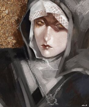 Rule 34 | 1girl, black capelet, black hood, capelet, closed mouth, elden ring, elden ring nightreign, hashtag-only commentary, highres, jewelry, lazebraa, looking to the side, necklace, nun, partially shaded face, portrait, signature, simple background, solo, undertaker (elden ring), white coif, yellow eyes