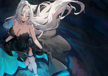 1girl ahoge animal_ear_fluff animal_ears black_choker black_dress blue_archive blue_eyes blush breasts choker cleavage closed_mouth commentary cross_hair_ornament dress english_commentary extra_ears from_above grey_hair hair_between_eyes hair_ornament halo kuroshiro_kanae large_breasts long_hair looking_at_viewer shiroko_terror_(blue_archive) solo wolf_ears wolf_girl
