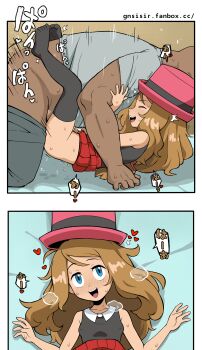 1boy 1girl absurdres affectionate age_difference bald bald_male black_shirt black_thighhighs blonde_hair blue_eyes blush breasts breath clothed_sex clothes_lift clothes_pull couple covered_erect_nipples dark-skinned_male dark_skin feet gnsisir hand_on_another&#039;s_arm happy happy_sex hat heart hetero highres japanese_text legs loli long_hair looking_at_viewer lying missionary motion_lines nintendo no_panties off_shoulder older_male_and_younger_female on_back on_bed open_mouth paid_reward_available pants pants_pull petite pleated_skirt pokemon pokemon_xy pov pussy_juice red_hat red_skirt serena_(pokemon) sex shirt size_difference skirt skirt_lift sleeveless sleeveless_shirt small_breasts smile speech_bubble spread_legs steam steaming_body sweat sweatdrop thighhighs thighs tight_clothes toe_scrunch vaginal white_shirt
