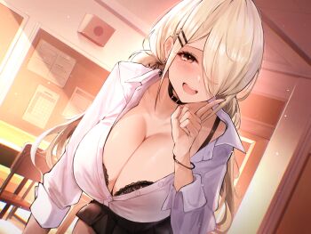 1girl black_bra black_choker black_skirt blonde_hair blush bra bra_peek breasts brown_eyes ceiling chair choker classroom cleavage commentary_request evening gyaru hair_over_one_eye highres huge_breasts indoors long_hair open_mouth original pointing pointing_up sea_nami shirt skirt sleeves_rolled_up solo table underwear white_shirt