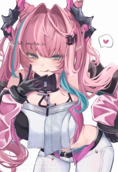 Rule 34 | 1girl, :q, arknights, arknights: endfield, belt, black gloves, black horns, black tube top, blue eyes, blue streaks, breasts, commentary request, cowboy shot, crop top, dragon girl, dragon horns, drill hair, gloves, hair intakes, hair ornament, hairclip, heart, highres, horns, large breasts, long hair, looking at viewer, mcho u, midriff, multicolored gloves, multicolored hair, multicolored horns, pants, pink gloves, pink hair, pink horns, pointy ears, simple background, smile, solo, spoken heart, strapless, streaked hair, tongue, tongue out, tube top, twin drills, twintails, twitter username, two-sided gloves, two-tone gloves, two-tone horns, white background, white pants, yvonne (arknights)