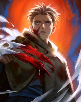 1boy arm_up black_cape blonde_hair blood blood_on_clothes blood_on_face bloody_weapon blue_eyes blue_shirt cape commentary cowboy_shot english_commentary highres kookirani looking_up male_focus millions_knives parted_lips sanpaku shirt short_hair smoke solo spiked_hair trigun trigun_stampede weapon