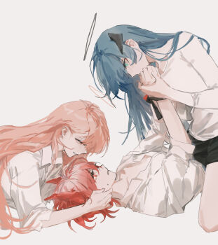 Rule 34 | 3girls, absurdres, ahoge, aqua eyes, arknights, black halo, black horns, black shorts, blue hair, bound, bound wrists, clenched teeth, collarbone, collared shirt, commentary, dress shirt, feather hair, fiammetta (arknights), g xio111, hair between eyes, halo, hand on another's face, highres, holding hands, horns, kneeling, lemuen (arknights), long hair, looking at another, looking down, lying, mostima (arknights), multiple girls, on back, partially unbuttoned, pink eyes, pink hair, pink halo, red eyes, shirt, short hair, short shorts, shorts, sleeves pushed up, smile, symbol-only commentary, teeth, traditional halo, white shirt, yuri