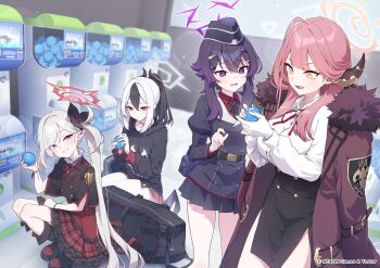 4girls aru_(blue_archive) baffu black_hair black_skirt blue_archive breasts commentary_request demon_girl demon_horns flower gloves grey_hair hair_flower hair_ornament halo haruka_(blue_archive) highres horns kayoko_(blue_archive) large_breasts long_hair long_sleeves looking_at_another looking_at_object looking_at_viewer multicolored_hair multiple_girls mutsuki_(blue_archive) official_art outdoors parted_lips pink_hair pointy_ears problem_solver_68_(blue_archive) purple_eyes purple_hair red_eyes shirt short_hair_with_long_locks skirt squatting standing two-tone_hair v-shaped_eyebrows very_long_hair white_gloves white_hair white_shirt yellow_eyes