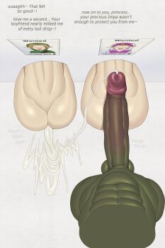 1girl 2boys after_anal aftersex anal bisexual_male colored_skin completely_nude cum cum_in_ass english_text erection ganondorf green_skin huge_penis huge_testicles imminent_penetration jaydennsfw link multiple_boys muscular muscular_male nintendo nude penis princess_zelda rape sex sex_from_behind simple_background stuck testicles the_legend_of_zelda through_wall white_background yaoi