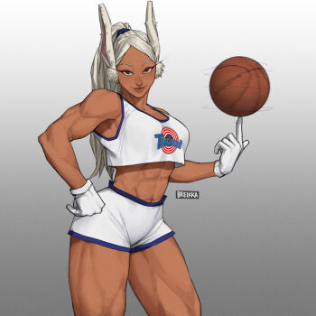 1girl abs animal_ears ball basketball_(object) boku_no_hero_academia breikka cosplay dark_skin female_focus gloves hand_on_own_hip lola_bunny lola_bunny_(cosplay) long_eyelashes long_hair looking_at_viewer looney_tunes mirko muscular muscular_female rabbit_ears rabbit_girl red_eyes shorts signature solo space_jam tank_top toned trait_connection white_gloves white_hair