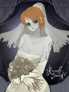 1girl absurdres bare_shoulders bouquet breasts bridal_veil brown_eyes cleavage closed_mouth colored_skin commentary commission dress earrings elbow_gloves flower gloves grey_skin highres holding holding_bouquet jewelry kurrentlaire large_breasts looking_at_viewer nami_(one_piece) necklace one_piece orange_hair pearl_earrings shoulder_tattoo solo stitched_face stitched_neck stitches strapless strapless_dress symbol-only_commentary tattoo upper_body veil wedding_dress white_dress white_gloves zombie
