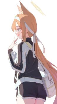 1girl absurdres animal_ear_fluff animal_ears bag banpen black_jacket black_shorts blonde_hair blue_archive blue_eyes commentary_request cowboy_shot fingernails gym_shorts gym_uniform halo hand_up headband highres jacket long_fingernails long_hair looking_to_the_side low_ponytail mari_(blue_archive) mari_(track)_(blue_archive) notice_lines open_mouth ponytail shorts shoulder_bag simple_background solo track_jacket very_long_hair white_background white_bag white_headband yellow_halo