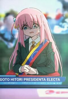 1girl ahoge black_suit blue_eyes blurry blurry_background bocchi_the_rock! cube_hair_ornament formal_clothes gotoh_hitori hair_ornament highres kamenoko231 long_hair necktie nervous_sweating news open_mouth orange_necktie own_hands_together red_hair shirt solo spanish_text suit sweat sweatdrop upper_body venezuela venezuelan_flag wavy_mouth white_shirt