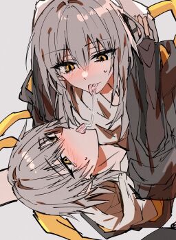 1boy 1girl after_kiss arms_up black_coat black_jacket blush caelus_(honkai:_star_rail) coat collarbone commentary_request dual_persona grey_hair hair_between_eyes hetero highres honkai:_star_rail honkai_(series) hood hooded_coat hug jacket kinona long_hair long_sleeves looking_down looking_up lying on_back open_clothes open_coat open_jacket open_mouth saliva saliva_trail selfcest shirt short_hair shy sidelocks simple_background smile stelle_(honkai:_star_rail) sweatdrop t-shirt tearing_up tongue tongue_out trailblazer_(honkai:_star_rail) two-sided_coat two-sided_fabric upper_body white_background white_shirt yellow_coat yellow_eyes