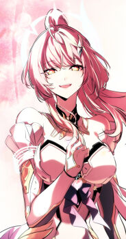 Rule 34 | 1girl, absurdres, aemeath (wuthering waves), ahoge, bare shoulders, breasts, commentary, elbow gloves, gloves, hair ornament, hand up, highres, leotard, long hair, looking at viewer, medium breasts, open mouth, pink hair, ponytail, rima61959, smile, solo, star-shaped pupils, star (symbol), symbol-shaped pupils, upper body, white gloves, white leotard, wuthering waves