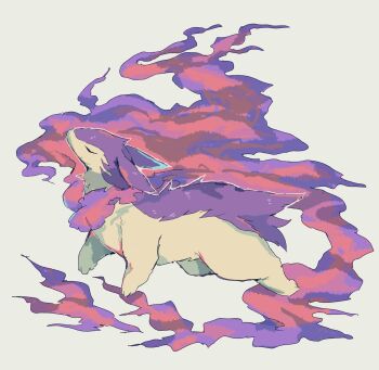 Rule 34 | closed eyes, fire, full body, h rin0u0, highres, hisuian typhlosion, nintendo, no humans, pokemon, pokemon (creature), pokemon focus, purple fire, purple fur, simple background, solo, two-tone fur, yellow fur