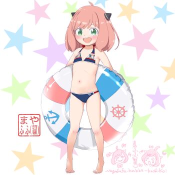 1girl :d absurdres ahoge anchor_symbol anya_(spy_x_family) bare_shoulders barefoot bikini black_bow blue_bikini blush bow collarbone english_text flat_chest full_body green_eyes hairpods halterneck heart highres innertube loli mayafufu navel open_mouth pink_hair simple_background smile solo spy_x_family standing swim_ring swimsuit teeth upper_teeth_only white_background
