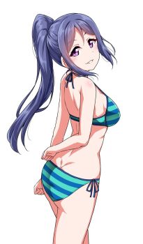 Rule 34 | 1girl, arm behind back, ass, bare arms, bare legs, bikini, blue hair, blush, breasts, clenched hands, dimples of venus, female focus, halterneck, high ponytail, long hair, looking at viewer, looking back, love live!, love live! school idol festival, love live! sunshine!!, matsuura kanan, medium breasts, ponytail, purple eyes, sidelocks, simple background, smile, solo, solo focus, string bikini, striped bikini, striped clothes, swimsuit, white background, yopparai oni