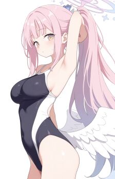 1girl angel_wings arched_back arm_behind_head arm_up armpits black_one-piece_swimsuit blue_archive blunt_bangs breasts commentary competition_swimsuit covered_navel cowboy_shot expressionless feathered_wings from_side gradient_hair hachimiso hair_ornament hair_scrunchie halo highres large_breasts light_blush long_hair looking_at_viewer low_wings mika_(blue_archive) mika_(swimsuit)_(blue_archive) multicolored_hair official_alternate_costume official_alternate_hairstyle one-piece_swimsuit parted_lips pink_hair pink_halo ponytail scrunchie sideboob sidelocks simple_background solo standing sweatdrop swimsuit thighs trinity_general_school_swimsuit very_long_hair white_background white_wings wings yellow_eyes