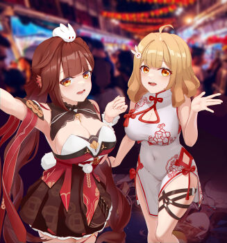 2girls absurdres animal animal_on_head black_dress blonde_hair breasts brown_eyes brown_hair china_dress chinese_clothes chinese_commentary cleavage commentary_request dress highres honkai_(series) honkai_impact_3rd large_breasts li_sushang li_sushang_(auspicious_dazzle) long_hair looking_at_viewer multiple_girls official_alternate_costume on_head open_mouth orange_eyes photo_background rabbit short_hair susannah_manatt thighs very_long_hair white_dress white_rabbit_(animal) zhiyingnianling