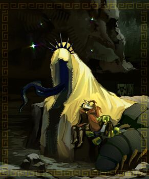 Rule 34 | 1boy, 2others, ambiguous gender, armor, averythemayo, border, bug, cape, centipede, cloud, cloudy sky, creature, crown, d3rlord3, galea helmet, hawaiian shirt, highres, knight, mint g0at, monster boy, multiple others, ornate border, red cape, searching for a world that doesn't exist, shirt, sitting, size difference, sky, slime boy, tentacles, the king in yellow (searching for a world that doesn't exist), white shirt, yellow cloak