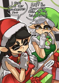 +_+ 2girls artist_name ass black_hair bow-shaped_hair breasts callie_(splatoon) closed_eyes commentary cousins dress english_commentary english_text fangs fur-trimmed_collar fur_trim gift gloves green_dress green_hat green_santa_costume grey_hair hat highres inkling long_hair marie_(splatoon) mole mole_under_eye moxydraws multiple_girls nintendo open_mouth patreon_logo pointy_ears red_dress red_hat santa_costume santa_hat sleeveless sleeveless_dress smile splatoon_(series) swept_bangs tentacle_hair updo upper_body watermark web_address yellow_eyes