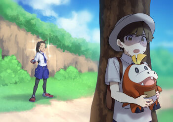 1boy 1girl :d absurdres black_pantyhose brown_eyes brown_hair bush cloud collared_shirt commentary_request dark-skinned_female dark_skin day emoemon florian_(pokemon) fuecoco grass grey_headwear grey_shirt hat highres holding holding_poke_ball holding_pokemon long_hair necktie nemona_(pokemon) nintendo open_mouth outdoors pantyhose path poke_ball pokemon pokemon_(creature) pokemon_sv ponytail road shaded_face shirt shoes short_hair short_sleeves shorts sky smile sparkle standing tree