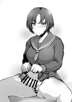 1girl bar_censor blush censored closed_mouth clothes_lift commentary_request erection futanari greyscale looking_at_viewer monochrome original penis pussy sadahiro_(chicken_nugget_gyuuniku_aji) school_uniform serafuku short_hair sitting skirt skirt_lift solo