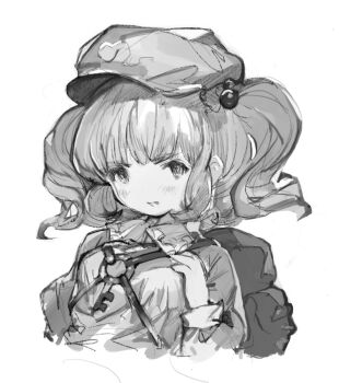 Rule 34 | 1girl, backpack, bag, blush, commentary request, cropped torso, greyscale, hair bobbles, hair ornament, hat, highres, kawashiro nitori, key, looking at viewer, monochrome, shiratsuyu mone, simple background, solo, touhou, twintails, white background