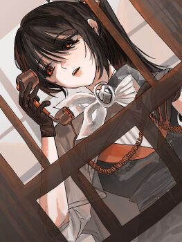 1girl black_gloves black_hair black_vest chung_(ilae_mag) corded_phone dutch_angle from_outside gloves hands_up highres holding holding_phone looking_to_the_side neckerchief open_mouth phone phone_booth ponytail red_eyes reverse:1999 semmelweis_(reverse:1999) solo upper_body vest white_neckerchief