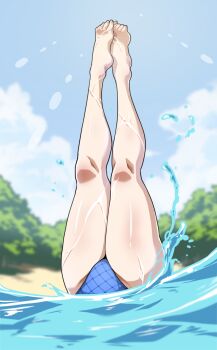 1girl bare_legs barefoot bikini blue_bikini blurry blurry_background feet_up h.dupp_(nama_aakiruu) highres izayoi_sakuya leg_focus legs legs_together legs_up long_legs partially_submerged sand splashing swimming swimsuit synchronized_swimming thick_thighs thighs touhou tree upside-down water wet